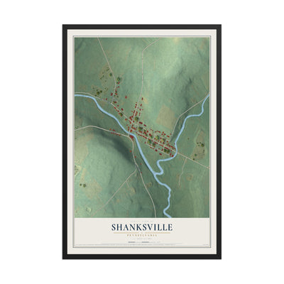 Map of Shanksville, Pennsylvania, 12 x 18 inch print in a black wood frame