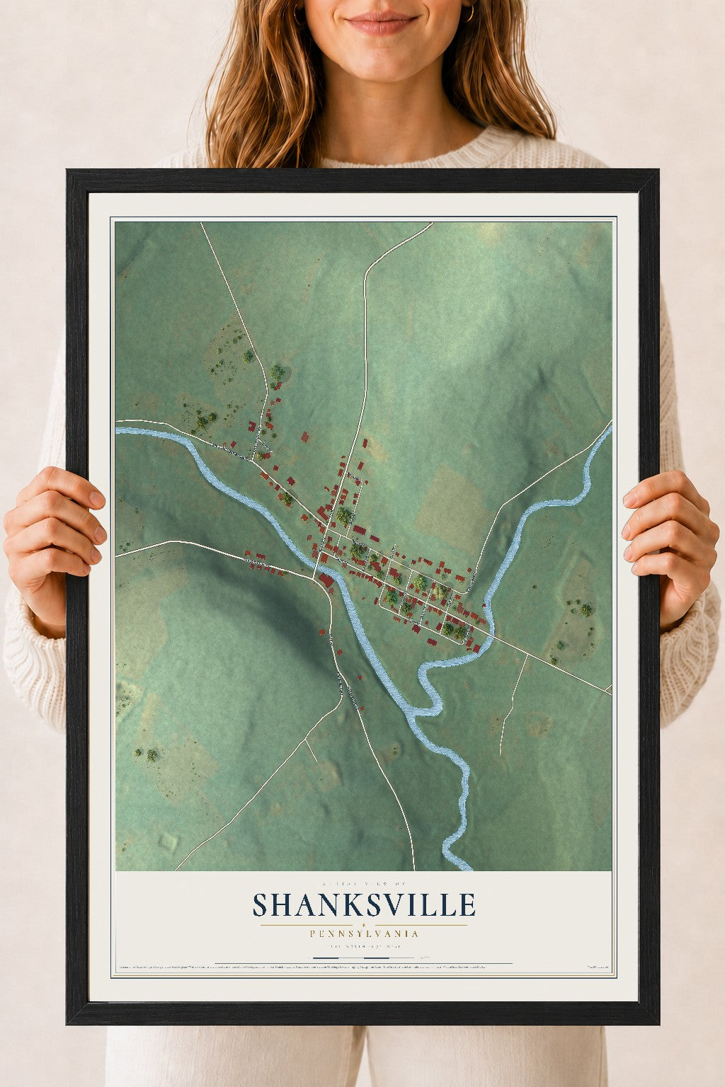 Map of Shanksville, Pennsylvania, 18 x 24 inch print in a black wood frame