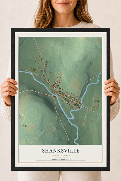 Map of Shanksville, Pennsylvania, 18 x 24 inch print in a black wood frame
