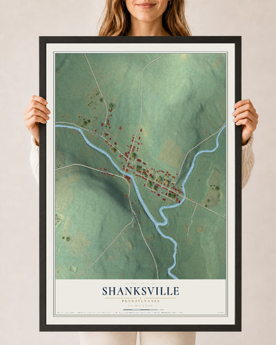 Map of Shanksville, Pennsylvania, 24 x 36 inch print in a black wood frame