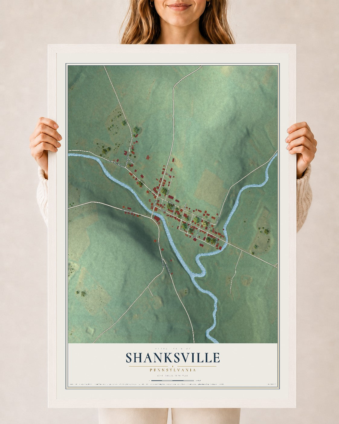 Map of Shanksville, Pennsylvania, 24 x 36 inch print in a white wood frame