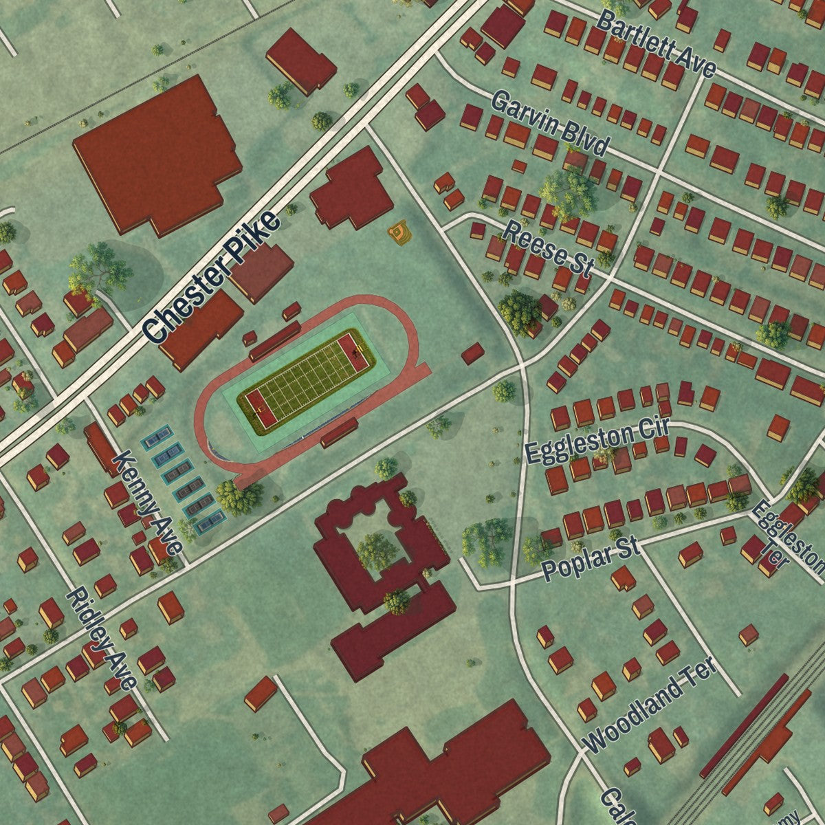 Second close-up of the map of Sharon Hill, Pennsylvania print showing more streets and buildings