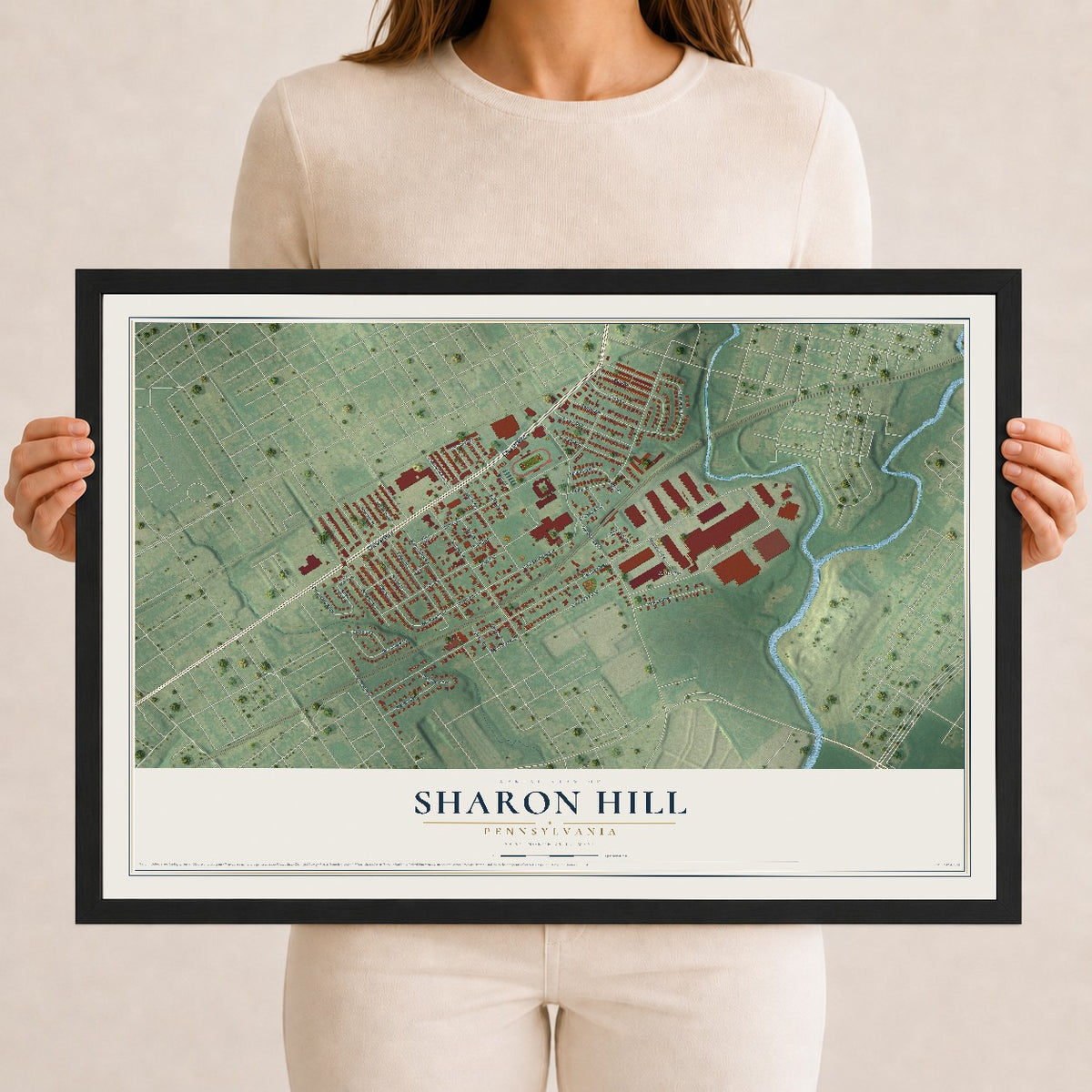 Map of Sharon Hill, Pennsylvania, 12 x 18 inch print in a black wood frame