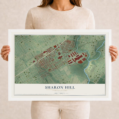 Map of Sharon Hill, Pennsylvania, 12 x 18 inch print in a white wood frame