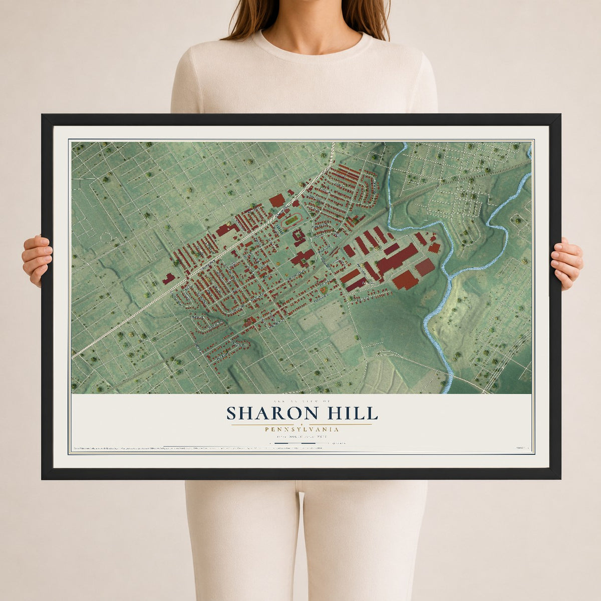 Map of Sharon Hill, Pennsylvania, 24 x 36 inch print in a black wood frame