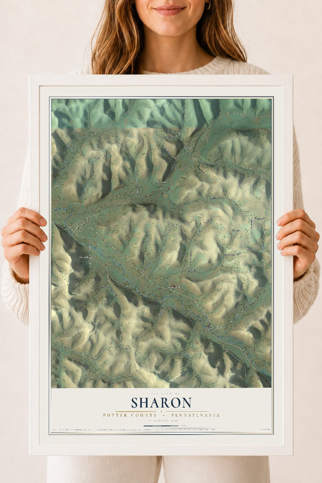 Map of Sharon, Potter County, Pennsylvania, 18 x 24 inch print in a white wood frame
