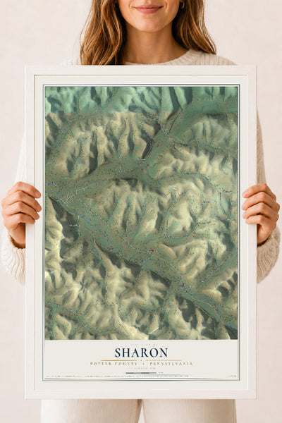 Map of Sharon, Potter County, Pennsylvania, 18 x 24 inch print in a white wood frame