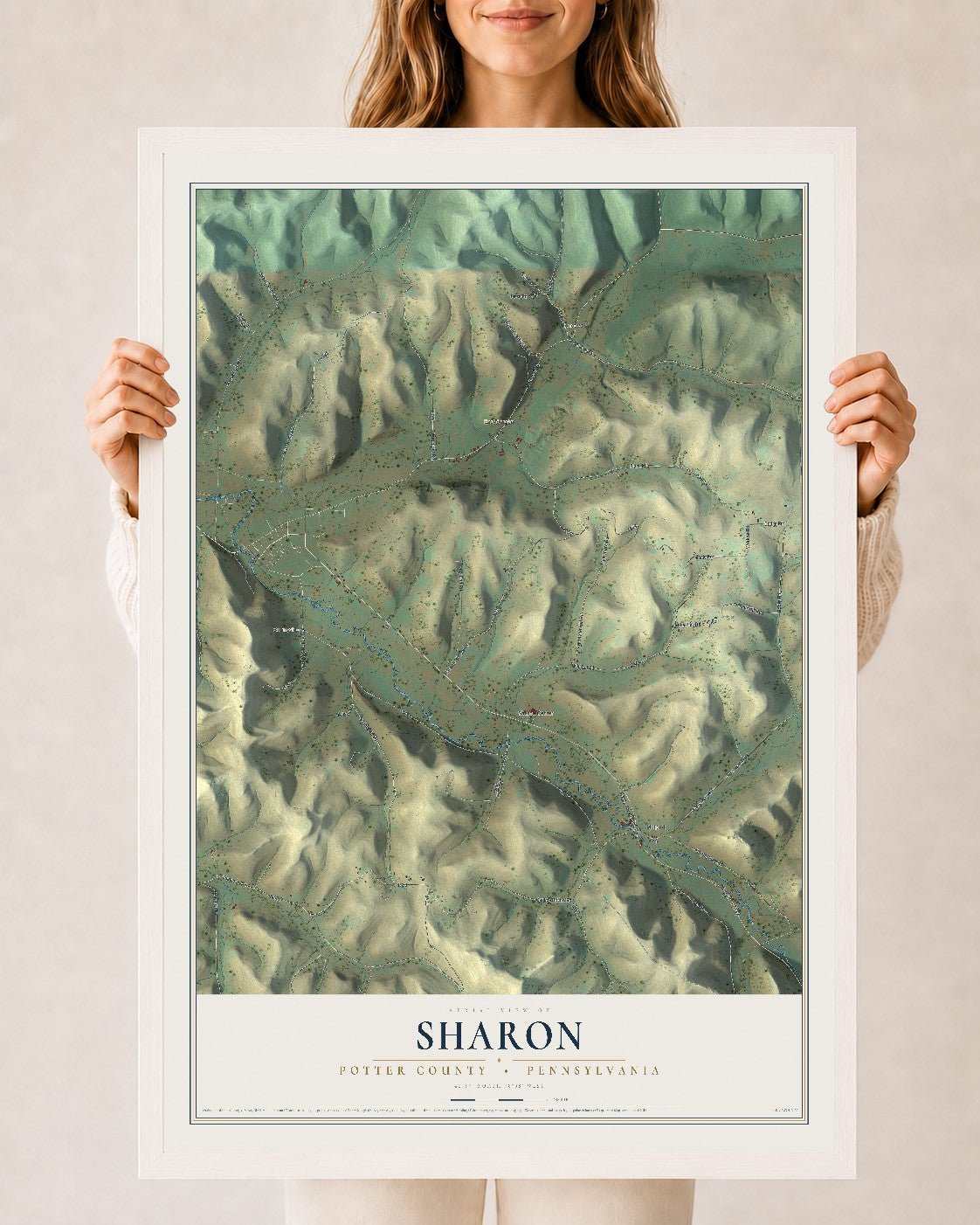 Map of Sharon, Potter County, Pennsylvania, 24 x 36 inch print in a white wood frame