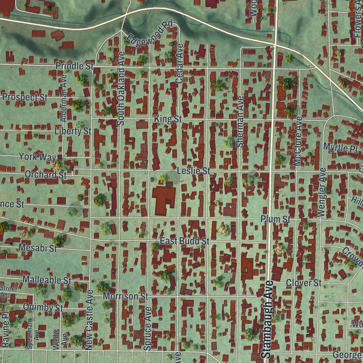 Close-up of the map of Sharon, Mercer County, Pennsylvania print showing street and building detail