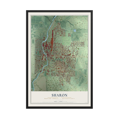 Map of Sharon, Mercer County, Pennsylvania, 12 x 18 inch print in a black wood frame