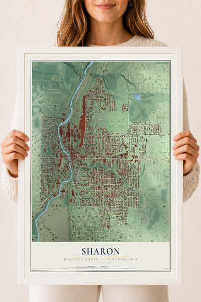 Map of Sharon, Mercer County, Pennsylvania, 18 x 24 inch print in a white wood frame