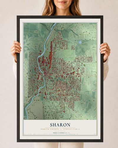 Map of Sharon, Mercer County, Pennsylvania, 24 x 36 inch print in a black wood frame