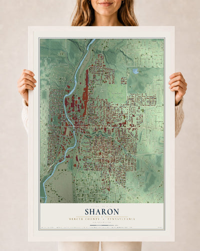Map of Sharon, Mercer County, Pennsylvania, 24 x 36 inch print in a white wood frame