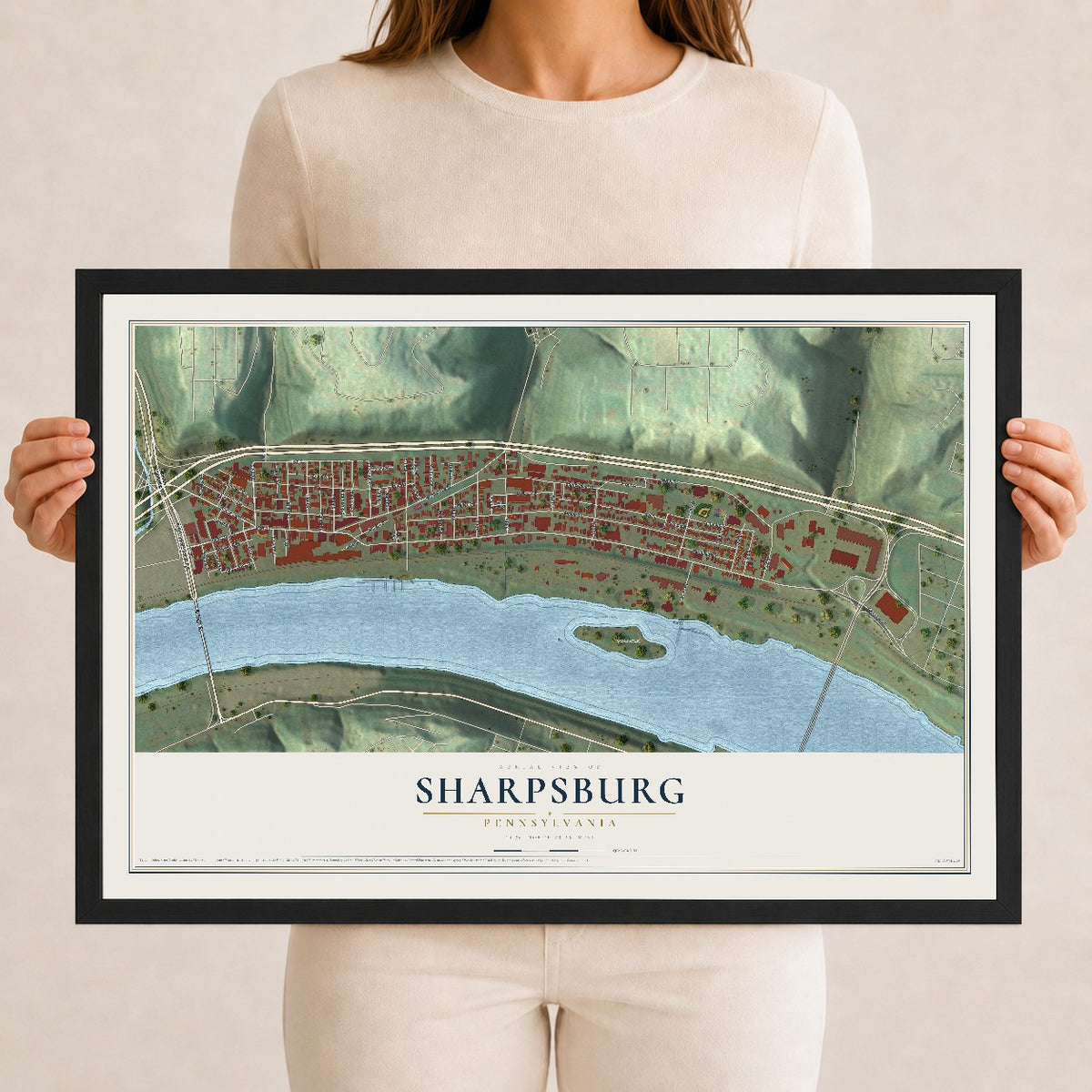 Map of Sharpsburg, Pennsylvania, 12 x 18 inch print in a black wood frame