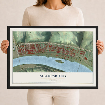 Map of Sharpsburg, Pennsylvania, 12 x 18 inch print in a black wood frame