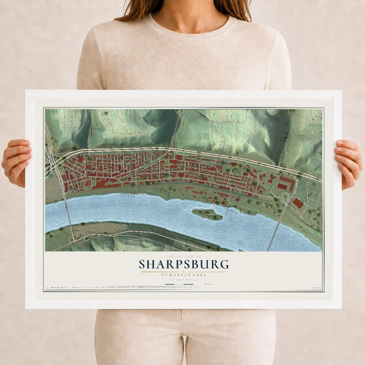 Map of Sharpsburg, Pennsylvania, 12 x 18 inch print in a white wood frame