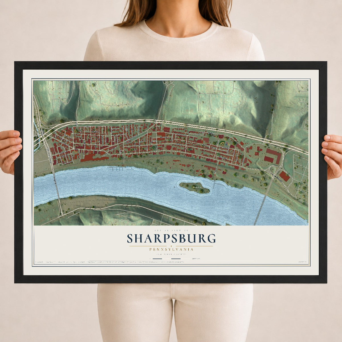 Map of Sharpsburg, Pennsylvania, 18 x 24 inch print in a black wood frame