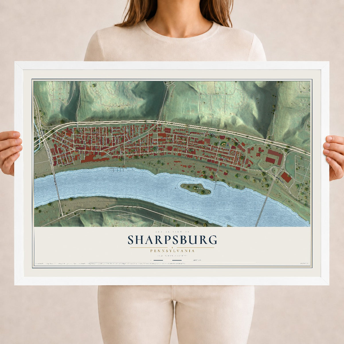 Map of Sharpsburg, Pennsylvania, 18 x 24 inch print in a white wood frame
