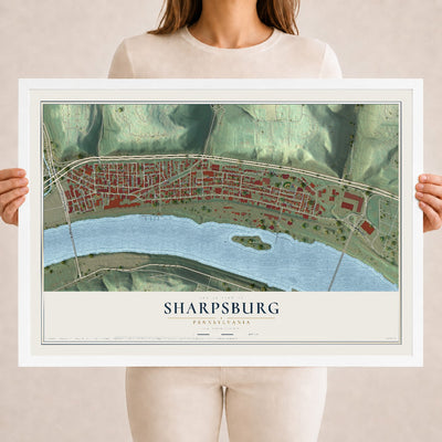 Map of Sharpsburg, Pennsylvania, 18 x 24 inch print in a white wood frame