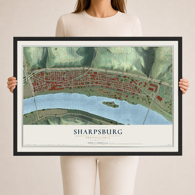 Map of Sharpsburg, Pennsylvania, 24 x 36 inch print in a black wood frame