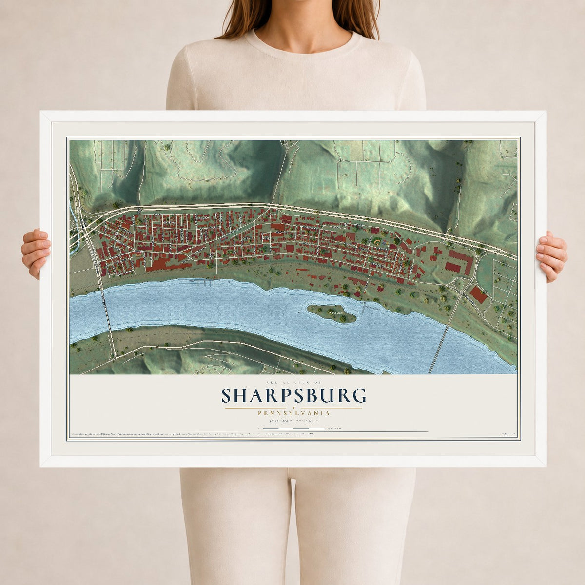 Map of Sharpsburg, Pennsylvania, 24 x 36 inch print in a white wood frame