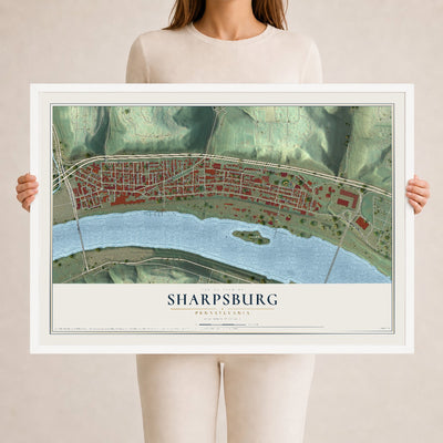 Map of Sharpsburg, Pennsylvania, 24 x 36 inch print in a white wood frame