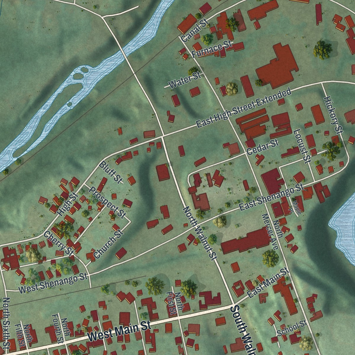 Second close-up of the map of Sharpsville, Pennsylvania print showing more streets and buildings