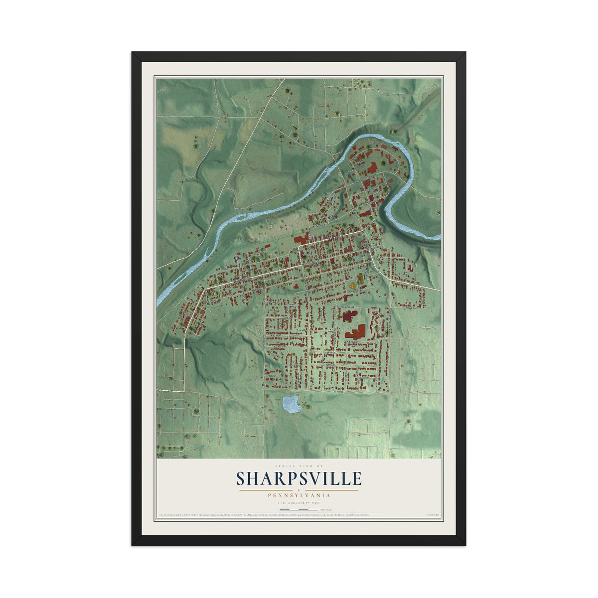 Map of Sharpsville, Pennsylvania, 12 x 18 inch print in a black wood frame