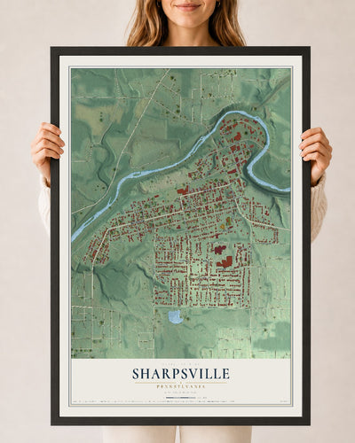 Map of Sharpsville, Pennsylvania, 24 x 36 inch print in a black wood frame