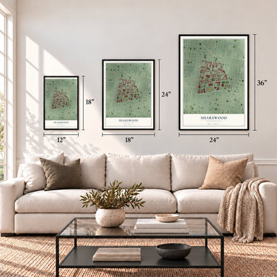 Sharswood, Pennsylvania map in 12 x 18, 18 x 24 and 24 x 36 inch sizes above a sofa