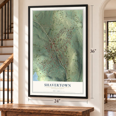 Shavertown, Pennsylvania map, 24 x 36 inch print in a black frame by a staircase