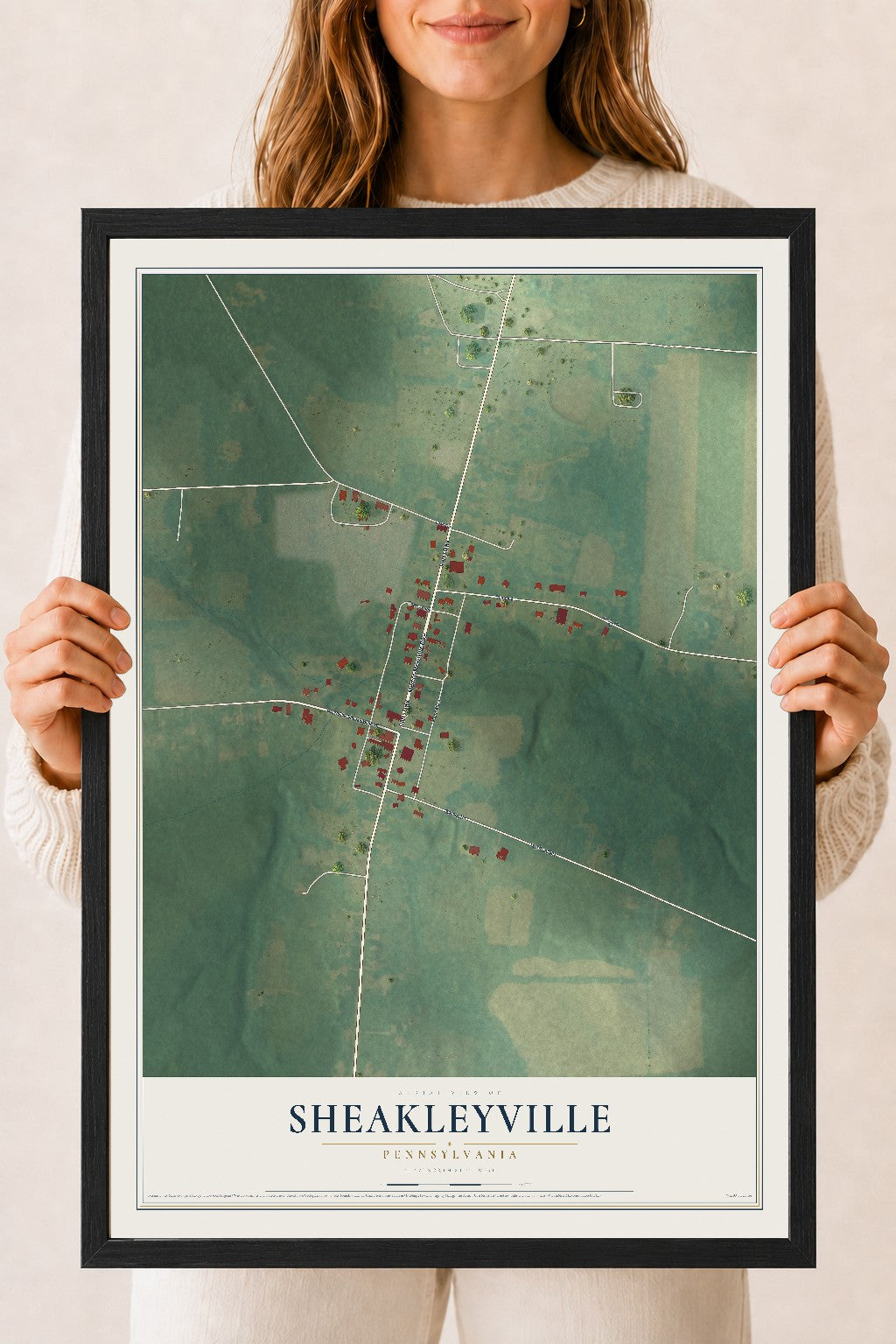 Map of Sheakleyville, Pennsylvania, 18 x 24 inch print in a black wood frame