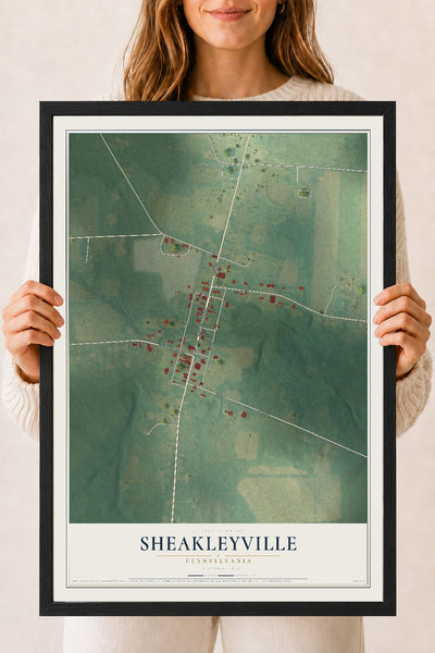 Map of Sheakleyville, Pennsylvania, 18 x 24 inch print in a black wood frame