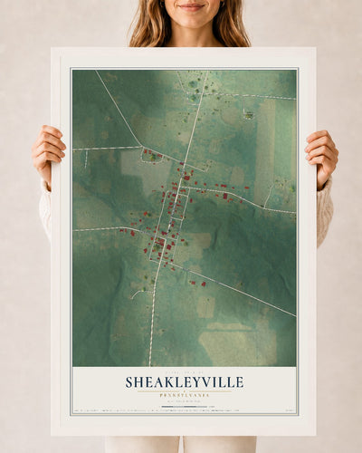 Map of Sheakleyville, Pennsylvania, 24 x 36 inch print in a white wood frame