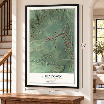 Sheatown, Pennsylvania map, 24 x 36 inch print in a black frame by a staircase