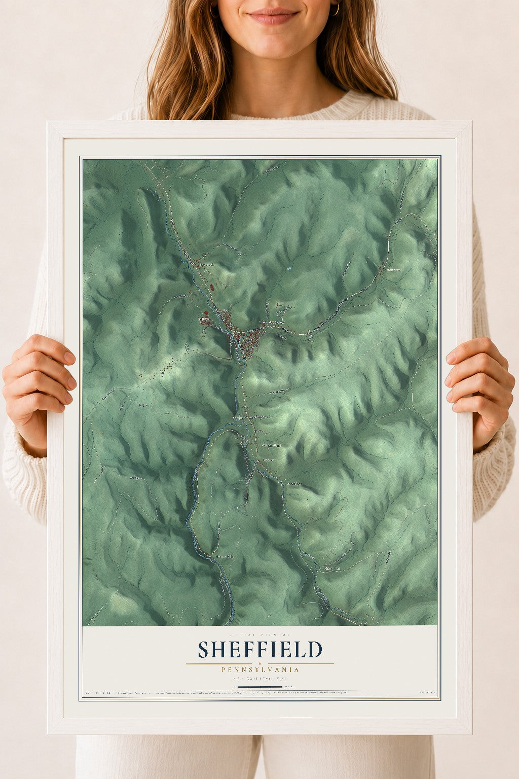 Map of Sheffield, Pennsylvania, 18 x 24 inch print in a white wood frame