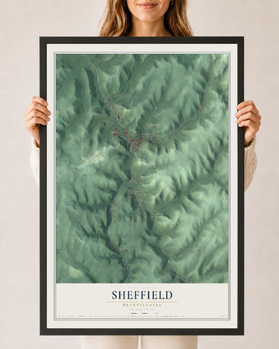 Map of Sheffield, Pennsylvania, 24 x 36 inch print in a black wood frame