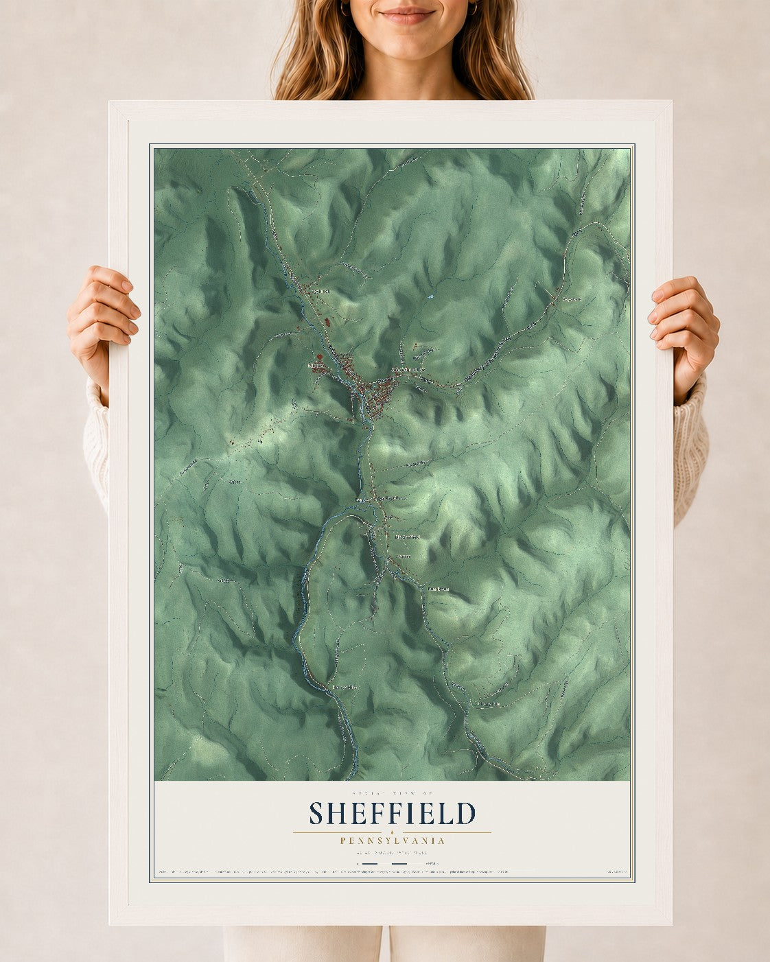 Map of Sheffield, Pennsylvania, 24 x 36 inch print in a white wood frame