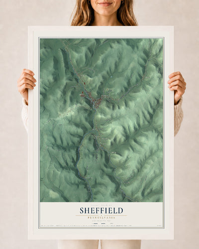 Map of Sheffield, Pennsylvania, 24 x 36 inch print in a white wood frame