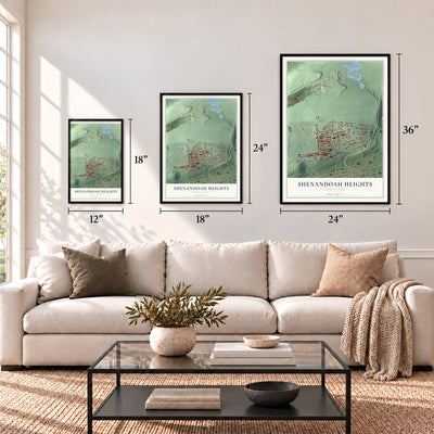 Shenandoah Heights, Pennsylvania map in 12 x 18, 18 x 24 and 24 x 36 inch sizes above a sofa