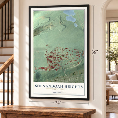 Shenandoah Heights, Pennsylvania map, 24 x 36 inch print in a black frame by a staircase