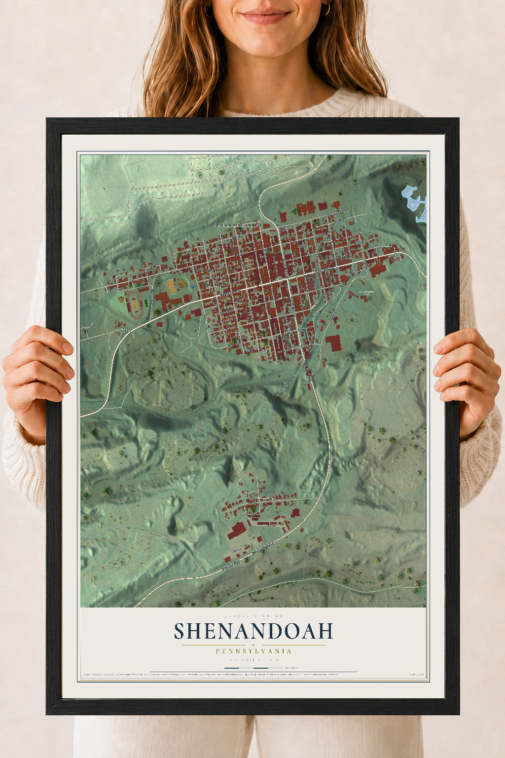 Map of Shenandoah, Pennsylvania, 18 x 24 inch print in a black wood frame