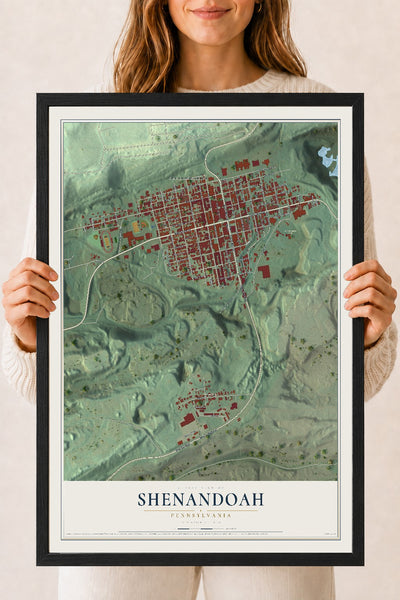 Map of Shenandoah, Pennsylvania, 18 x 24 inch print in a black wood frame