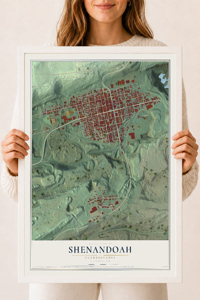Map of Shenandoah, Pennsylvania, 18 x 24 inch print in a white wood frame