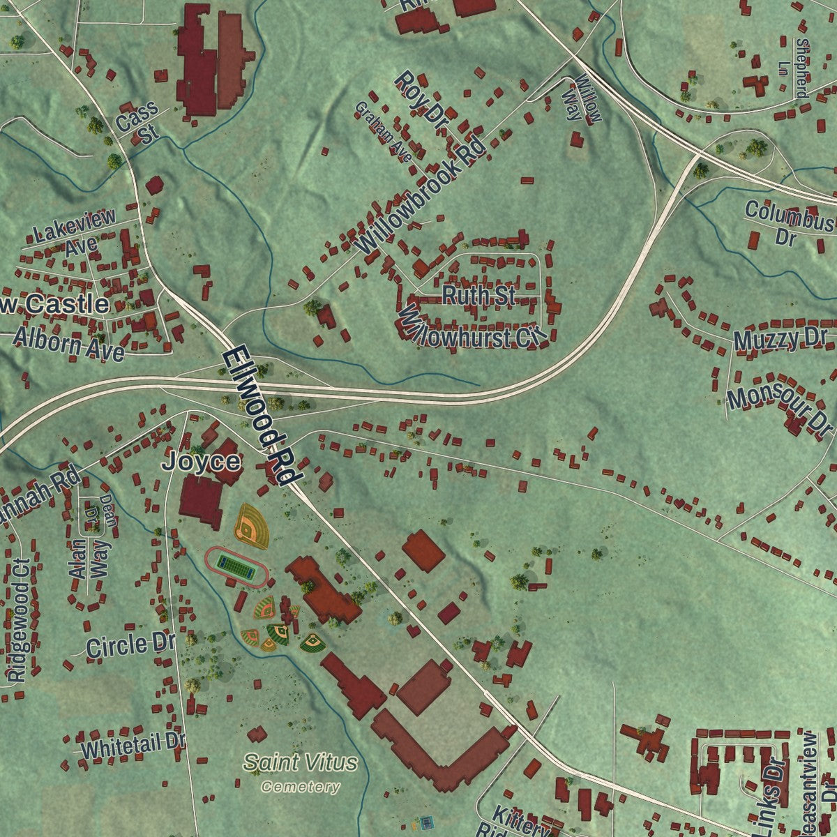 Close-up of the map of Shenango, Lawrence County, Pennsylvania print showing street and building detail