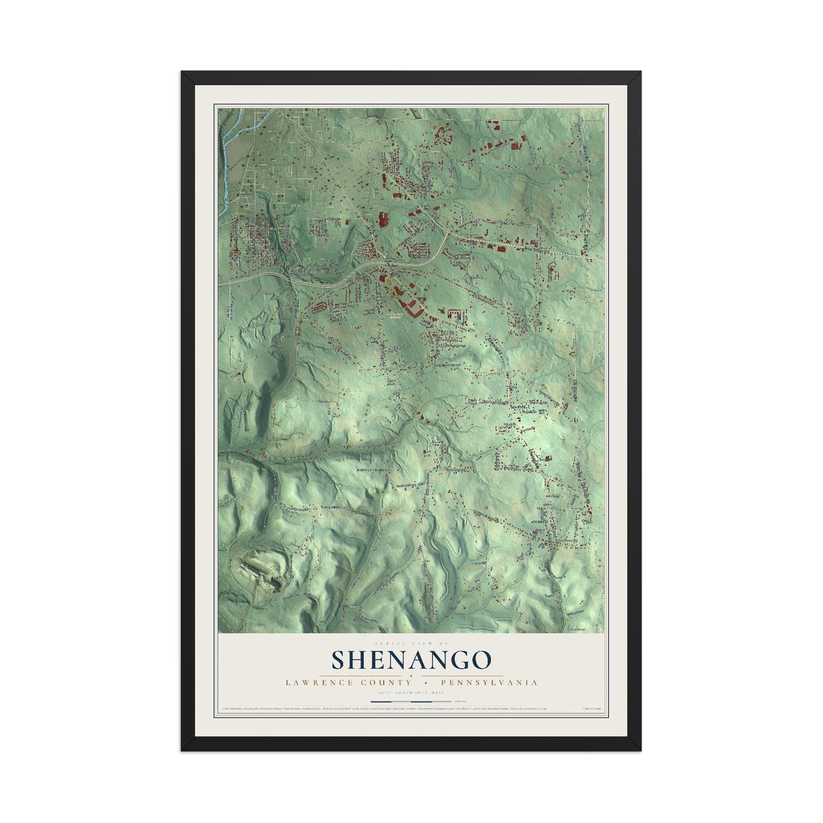 Map of Shenango, Lawrence County, Pennsylvania, 12 x 18 inch print in a black wood frame