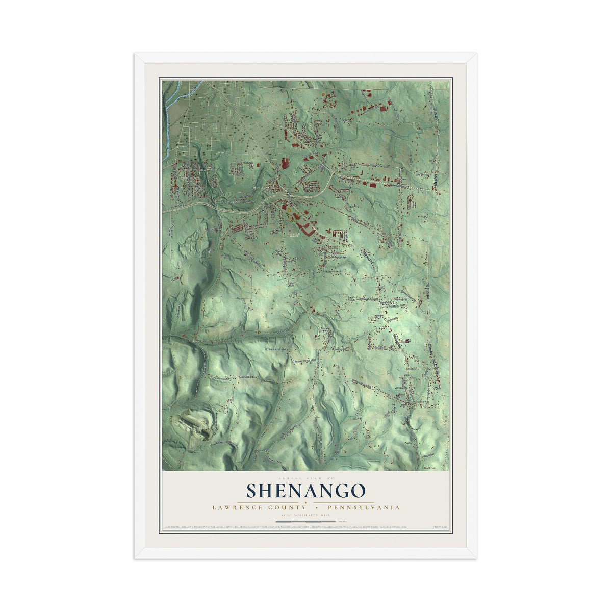 Map of Shenango, Lawrence County, Pennsylvania, 12 x 18 inch print in a white wood frame