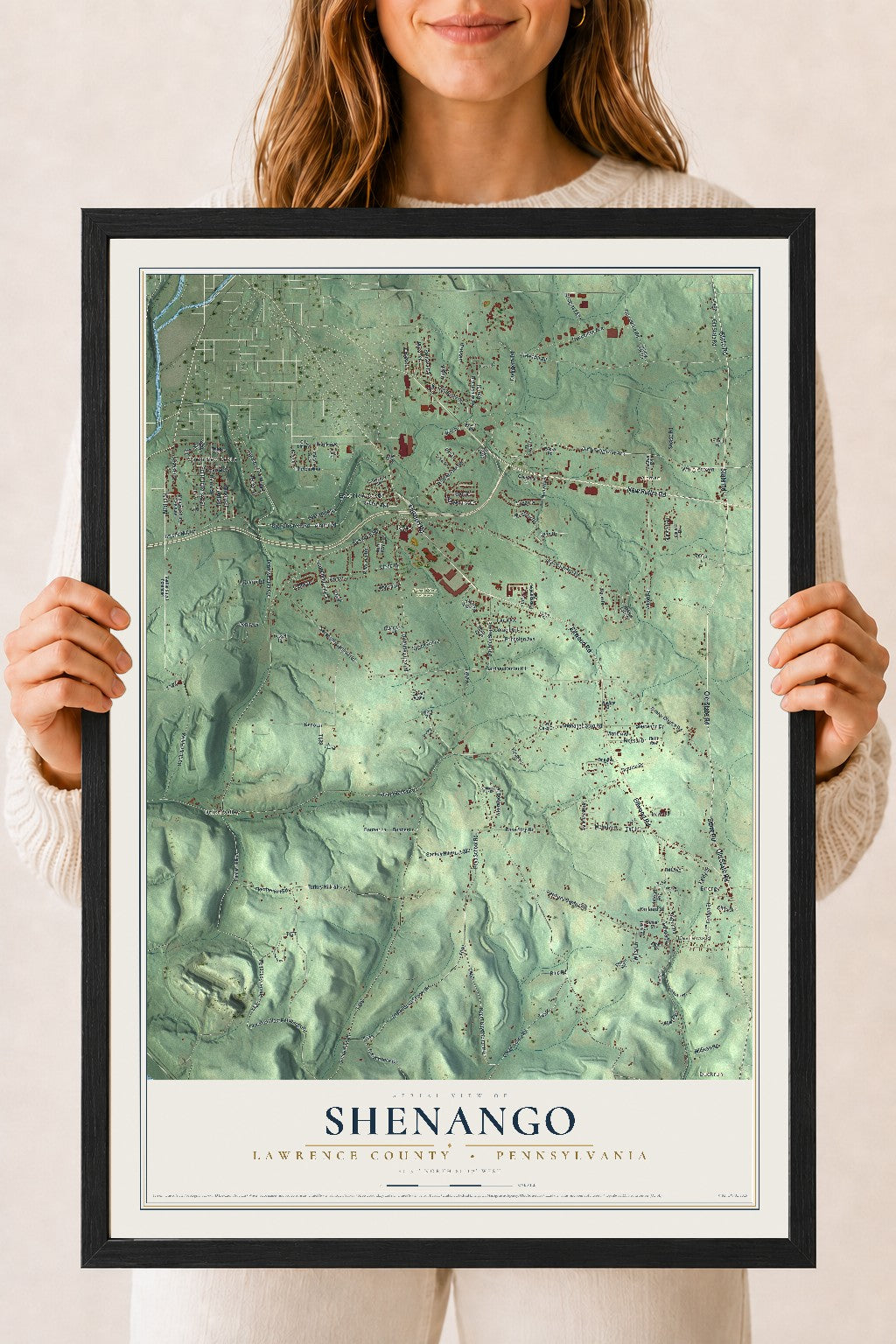 Map of Shenango, Lawrence County, Pennsylvania, 18 x 24 inch print in a black wood frame