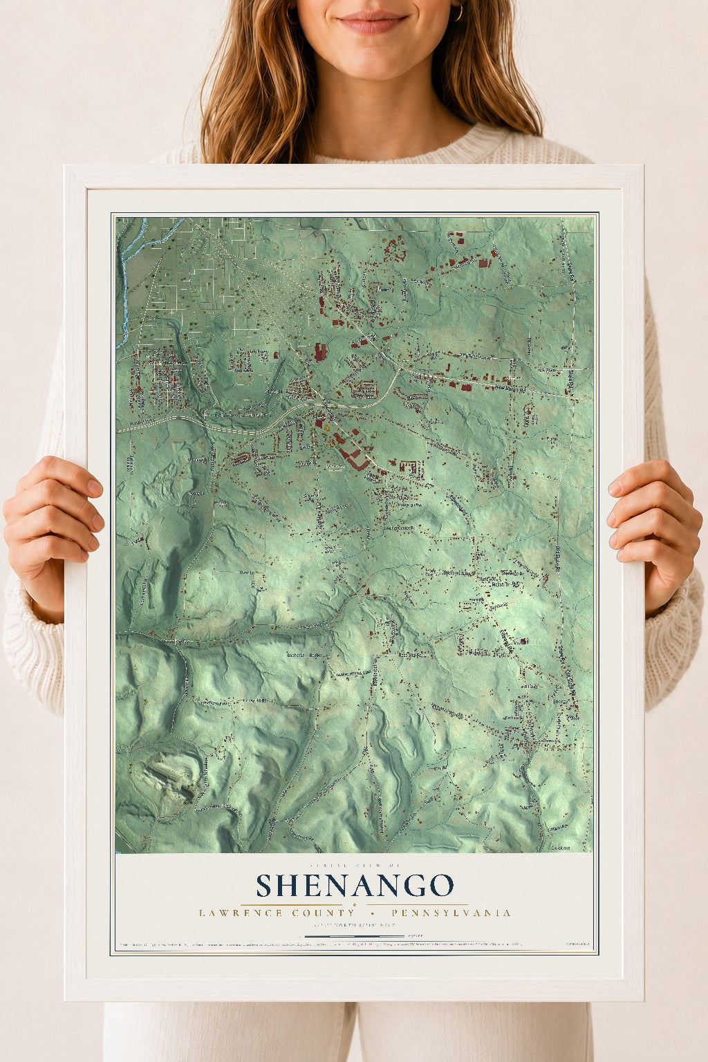 Map of Shenango, Lawrence County, Pennsylvania, 18 x 24 inch print in a white wood frame
