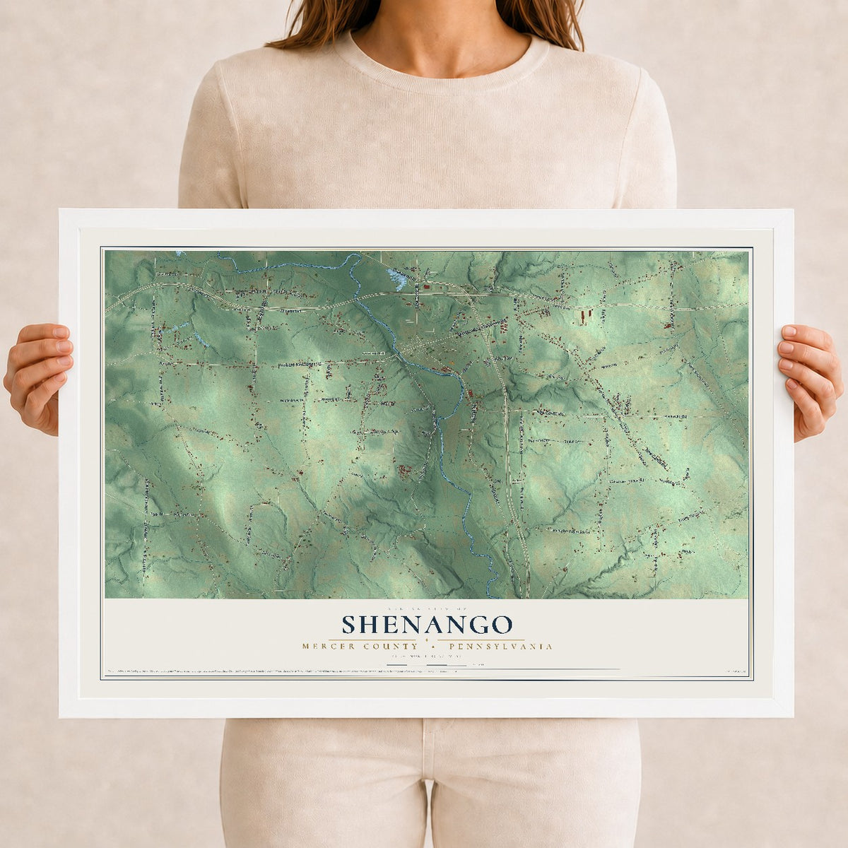 Map of Shenango, Mercer County, Pennsylvania, 12 x 18 inch print in a white wood frame